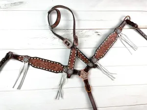 Brown Leather Tooled White Buckstitch Tassel Tack Set