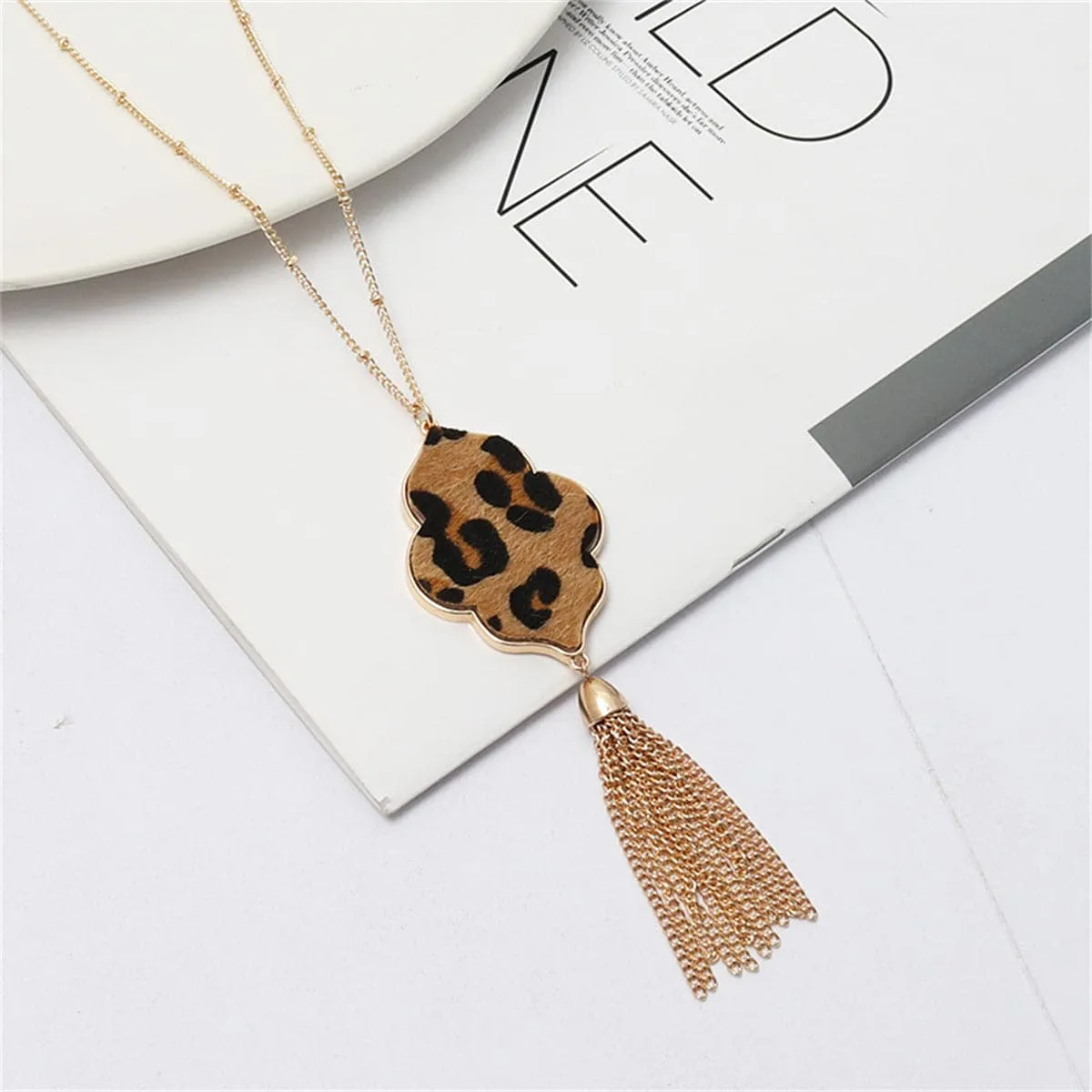 Brown Polyurethane & 18K Gold-Plated Leopard-Print Flower Tassel Pendant Necklace