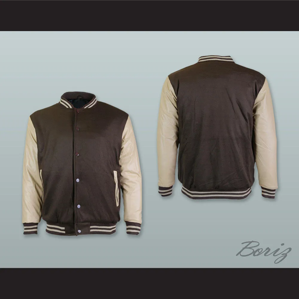 Brown Wool and Tan Lab Leather Varsity Letterman Jacket