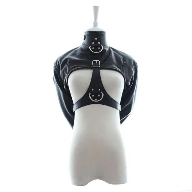 “Bughouse” - Arm Binder PU Leather Strait Jacket Open Breast Bondage Hands Restraint Harness