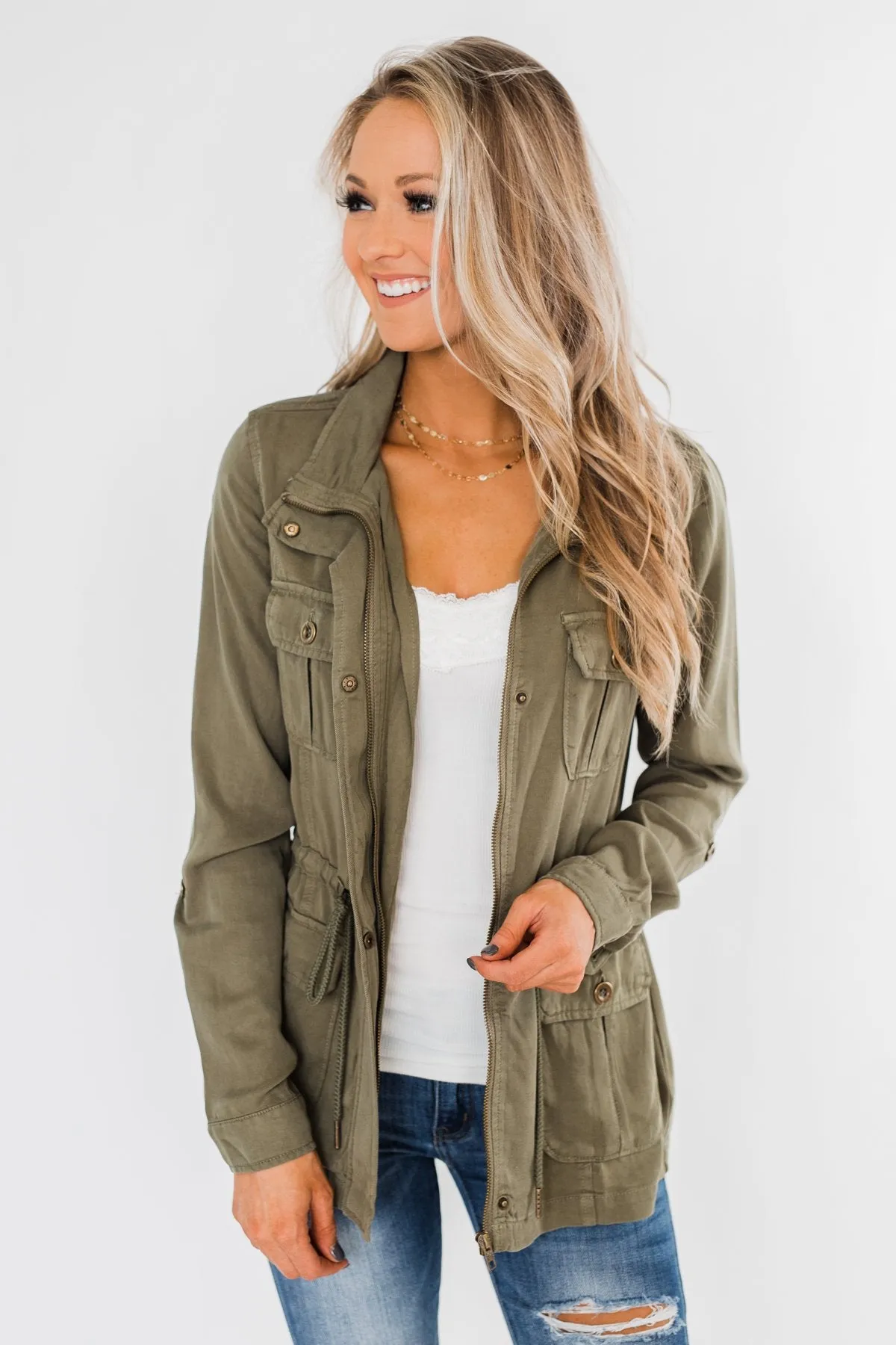 Carried Away Drawstring Waist Jacket- Olive
