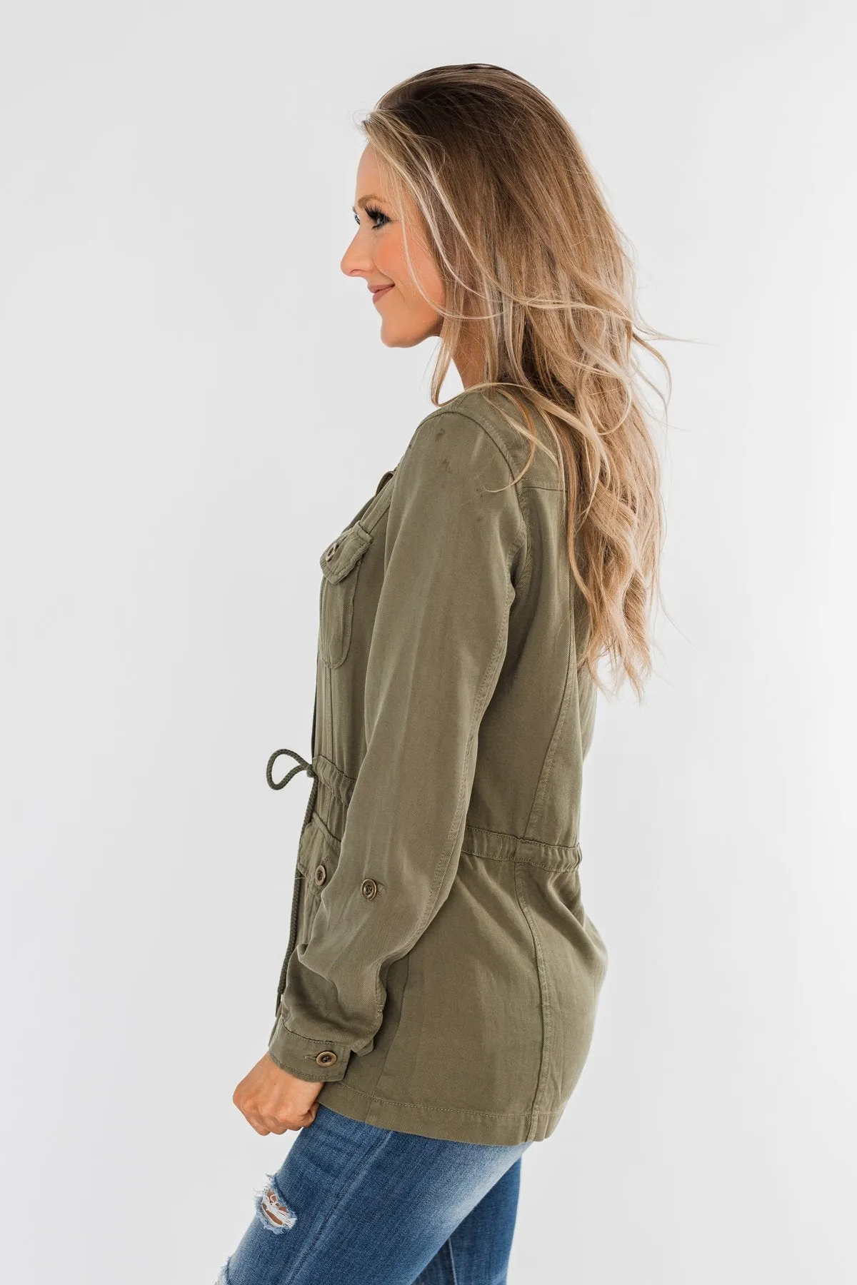 Carried Away Drawstring Waist Jacket- Olive