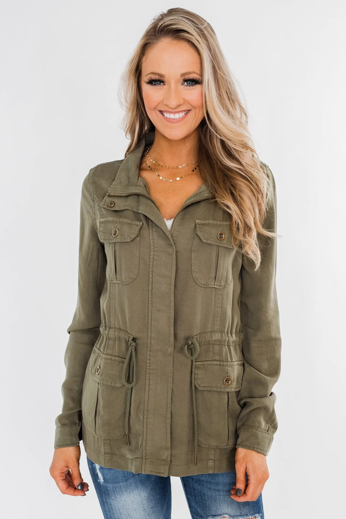 Carried Away Drawstring Waist Jacket- Olive