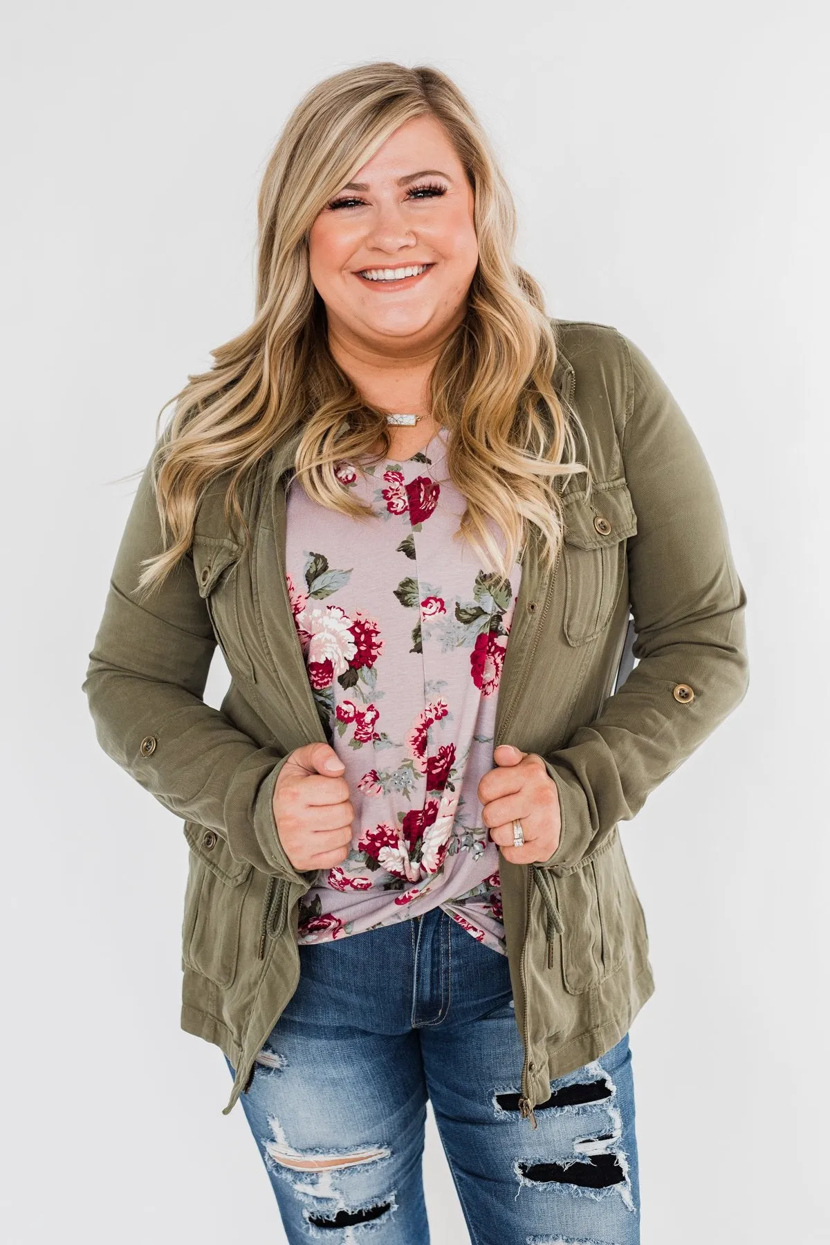 Carried Away Drawstring Waist Jacket- Olive