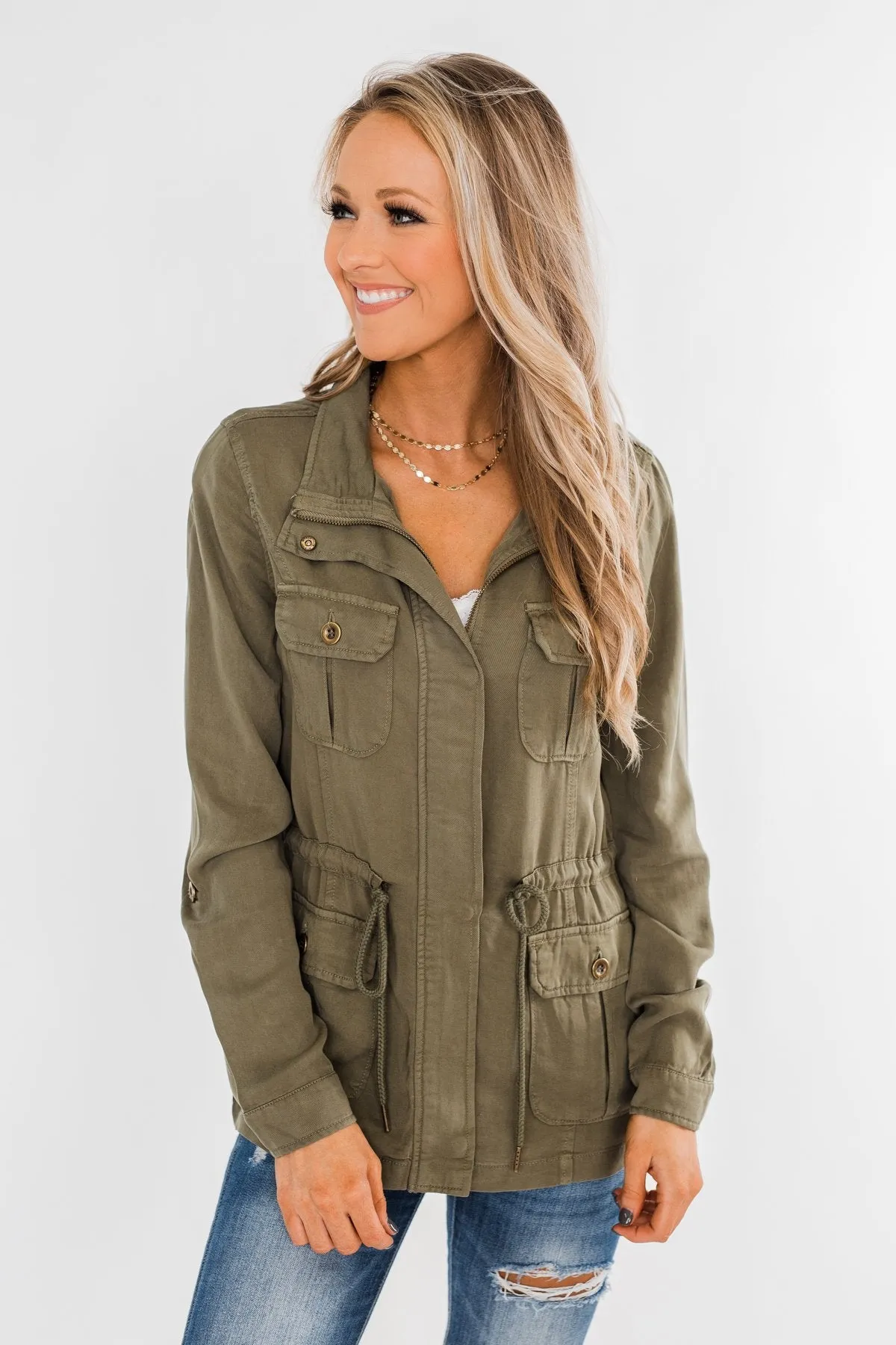 Carried Away Drawstring Waist Jacket- Olive