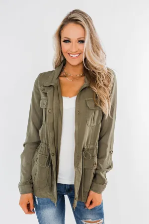 Carried Away Drawstring Waist Jacket- Olive