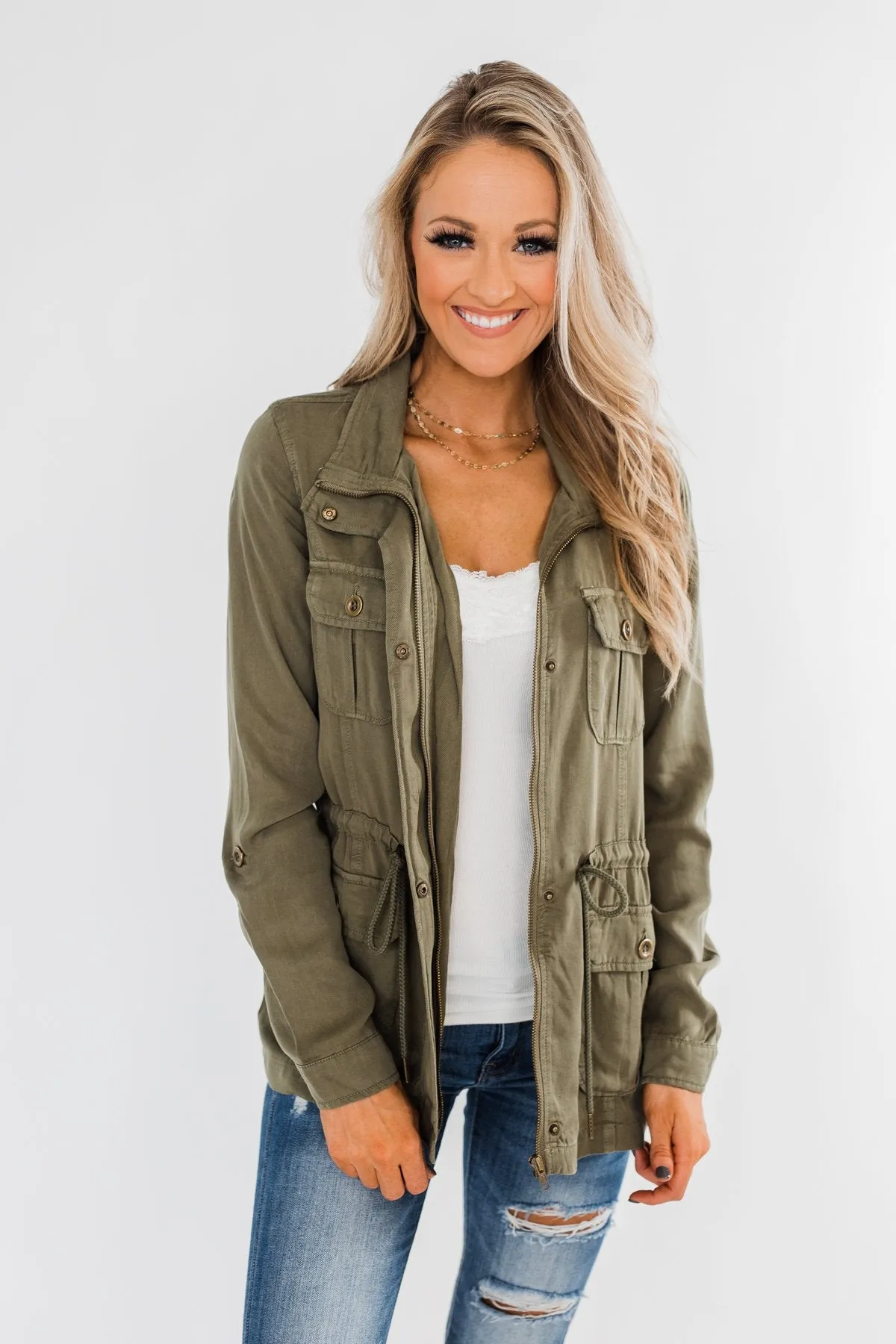 Carried Away Drawstring Waist Jacket- Olive