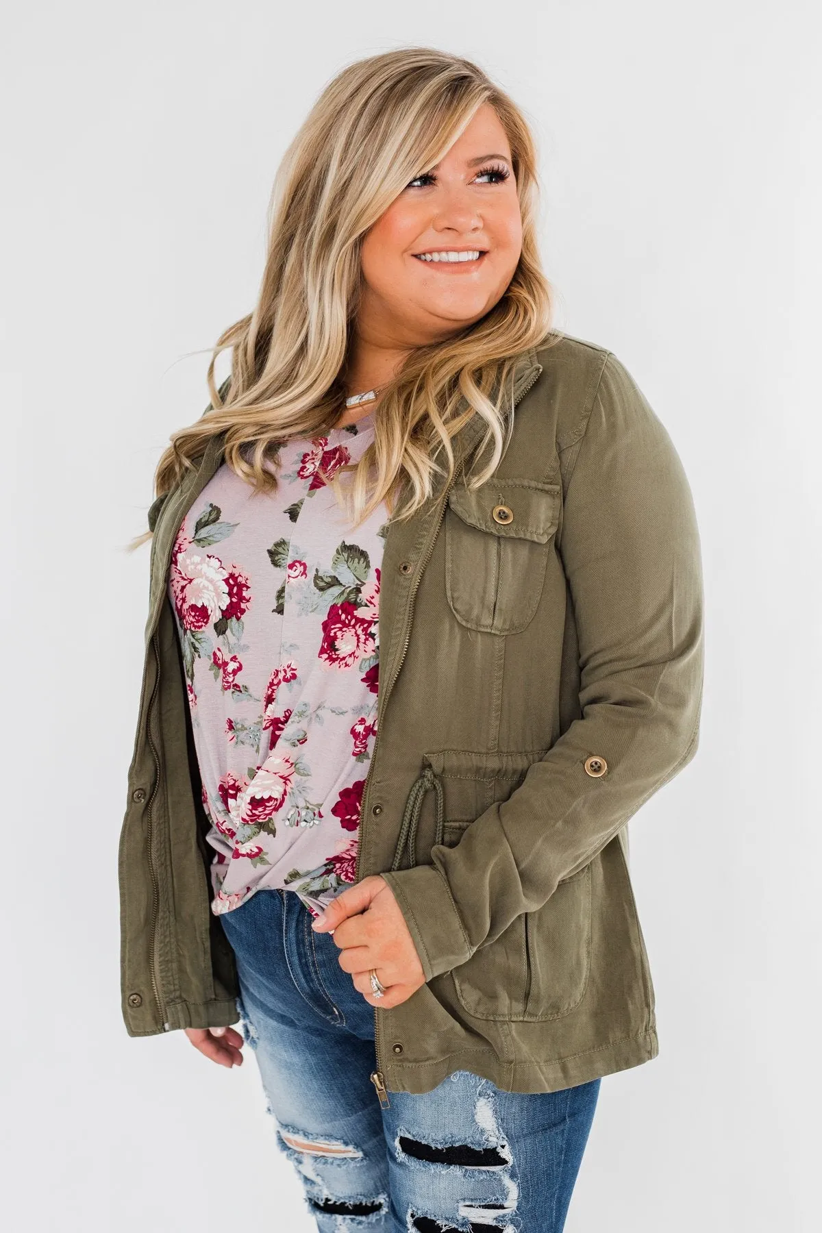 Carried Away Drawstring Waist Jacket- Olive