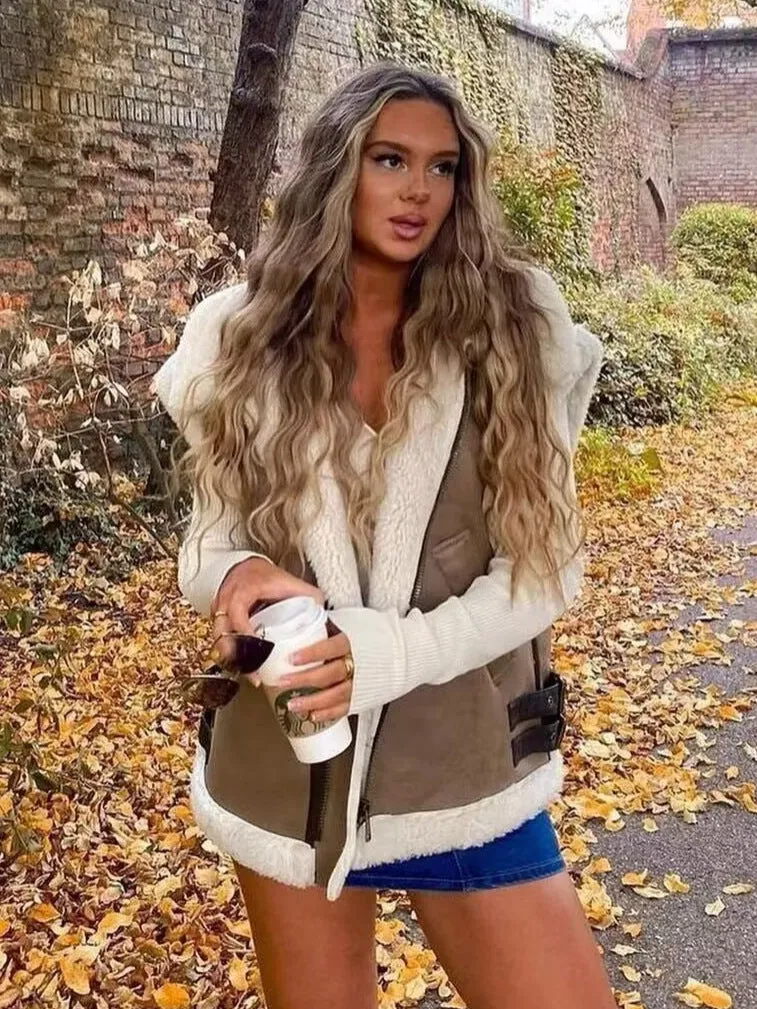Chic Faux Fur and Leather Patchwork Sleeveless Vest Jacket