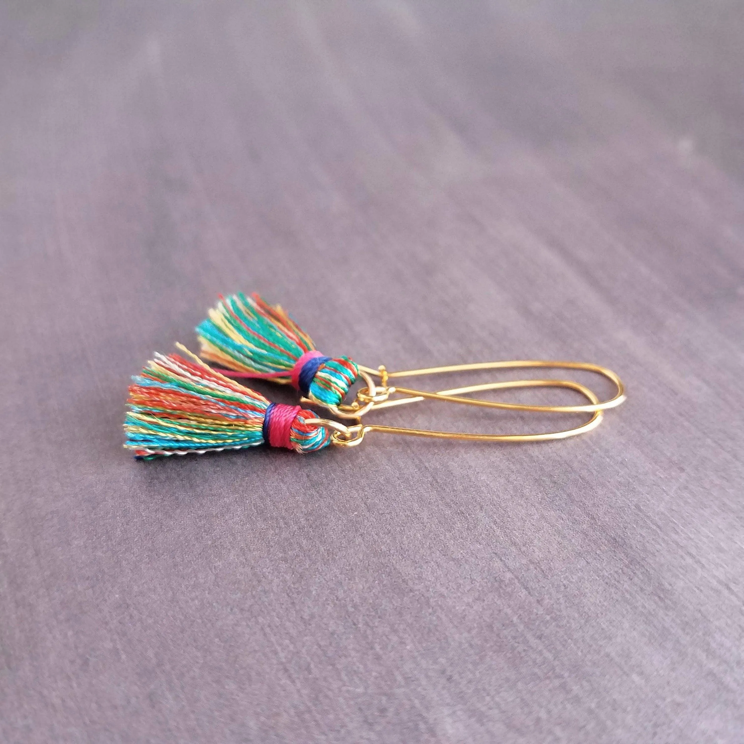 Colorful Tassel Earrings, long tassel earring, multicolor tassel, rainbow tassel earring, kidney wire earring, gold tassel earring, latching