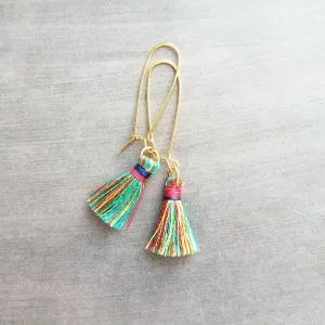 Colorful Tassel Earrings, long tassel earring, multicolor tassel, rainbow tassel earring, kidney wire earring, gold tassel earring, latching