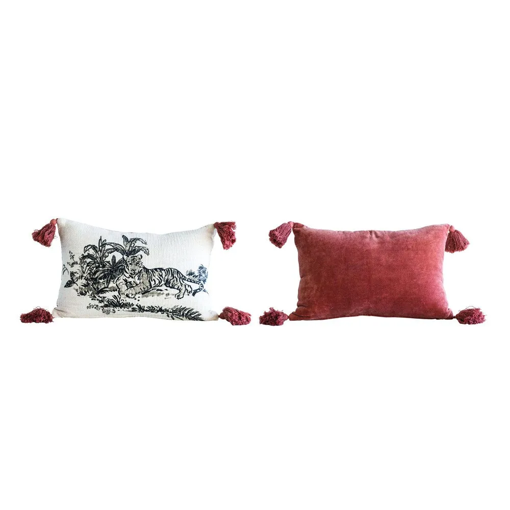 Cotton & Velvet Printed Pillow with Tiger Image & Tassels | 18" x 12"