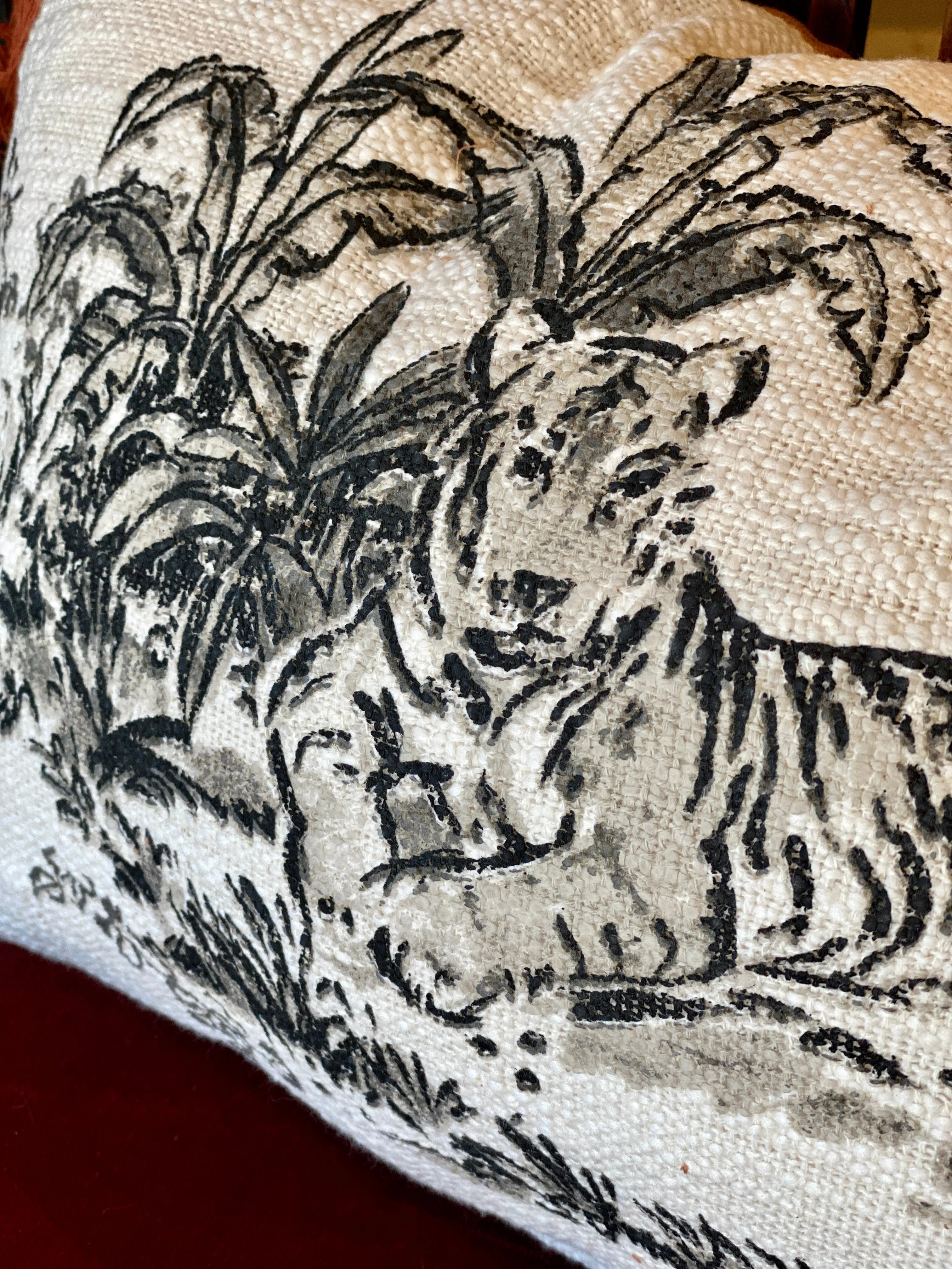 Cotton & Velvet Printed Pillow with Tiger Image & Tassels | 18" x 12"