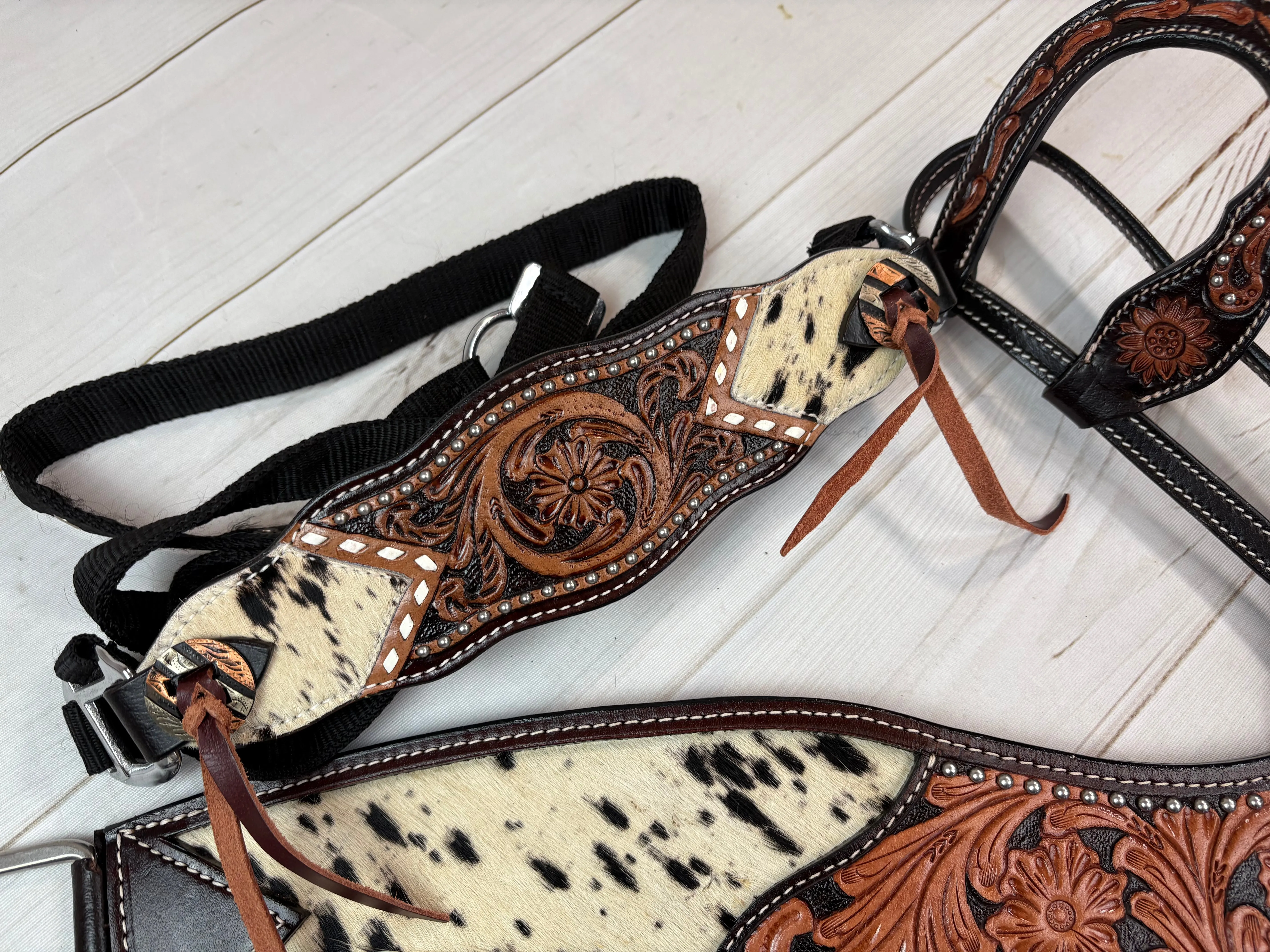 Cowhide and Tooled Leather Studded Bronc Halter
