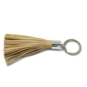 Cream Lambskin Leather Tassel Keychain with Rhodium Plated Brass Top Free Gift Wrap