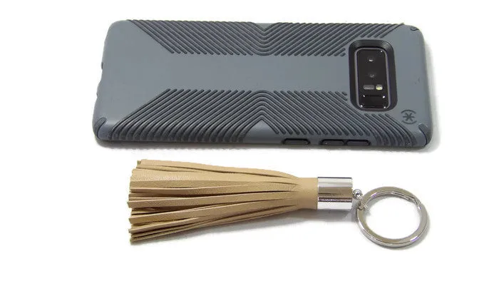 Cream Lambskin Leather Tassel Keychain with Rhodium Plated Brass Top Free Gift Wrap