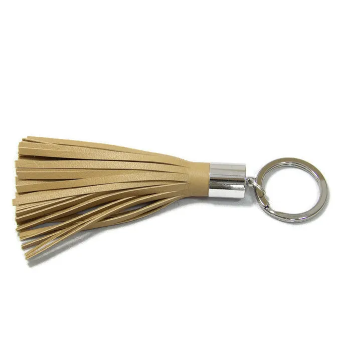 Cream Lambskin Leather Tassel Keychain with Rhodium Plated Brass Top Free Gift Wrap
