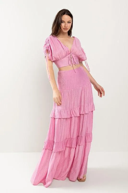 CROP Top WITH DRAWSTING DETAIL AND MAXI SKIRT SET