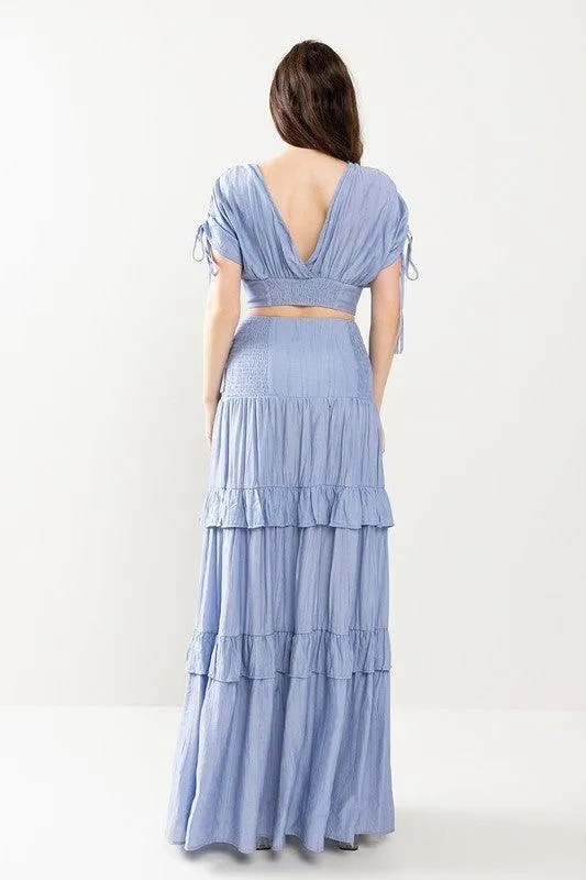 CROP Top WITH DRAWSTING DETAIL AND MAXI SKIRT SET