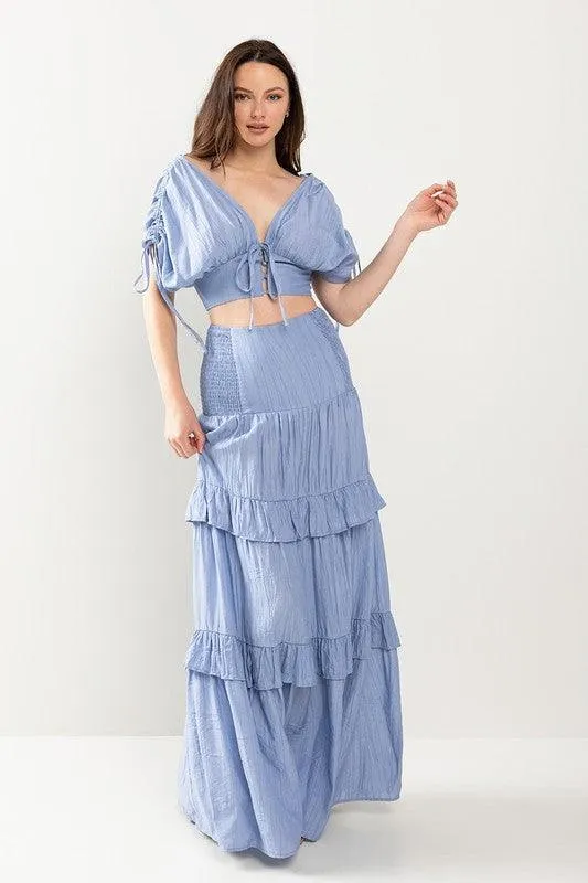 CROP Top WITH DRAWSTING DETAIL AND MAXI SKIRT SET