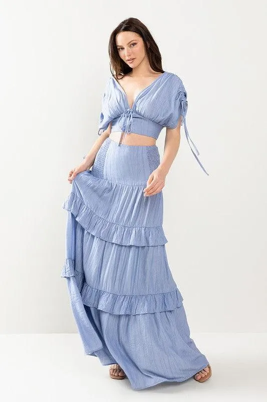 CROP Top WITH DRAWSTING DETAIL AND MAXI SKIRT SET