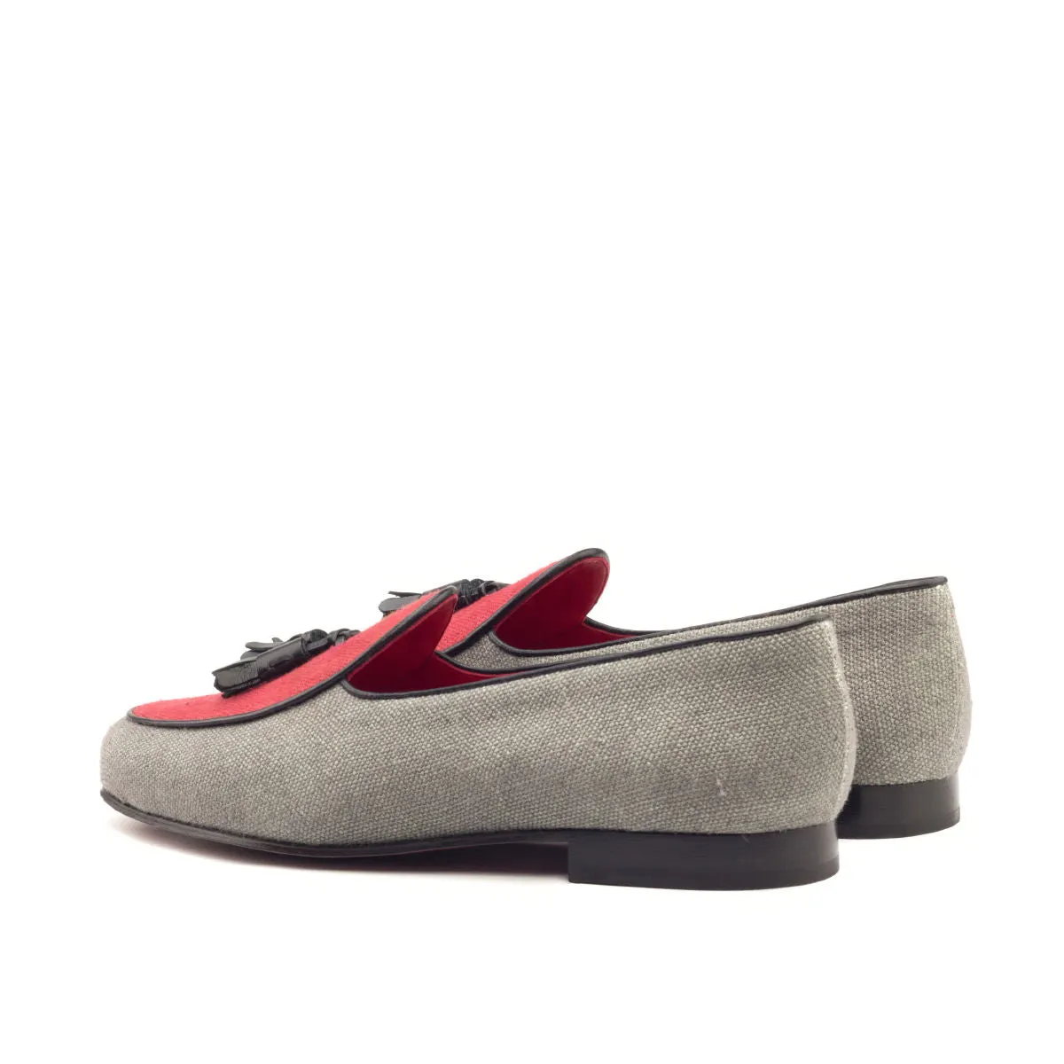 DapperFam Marcello in Black / Grey/ Red Men's Linen Belgian Slipper