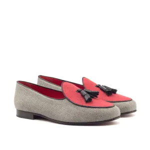 DapperFam Marcello in Black / Grey/ Red Men's Linen Belgian Slipper