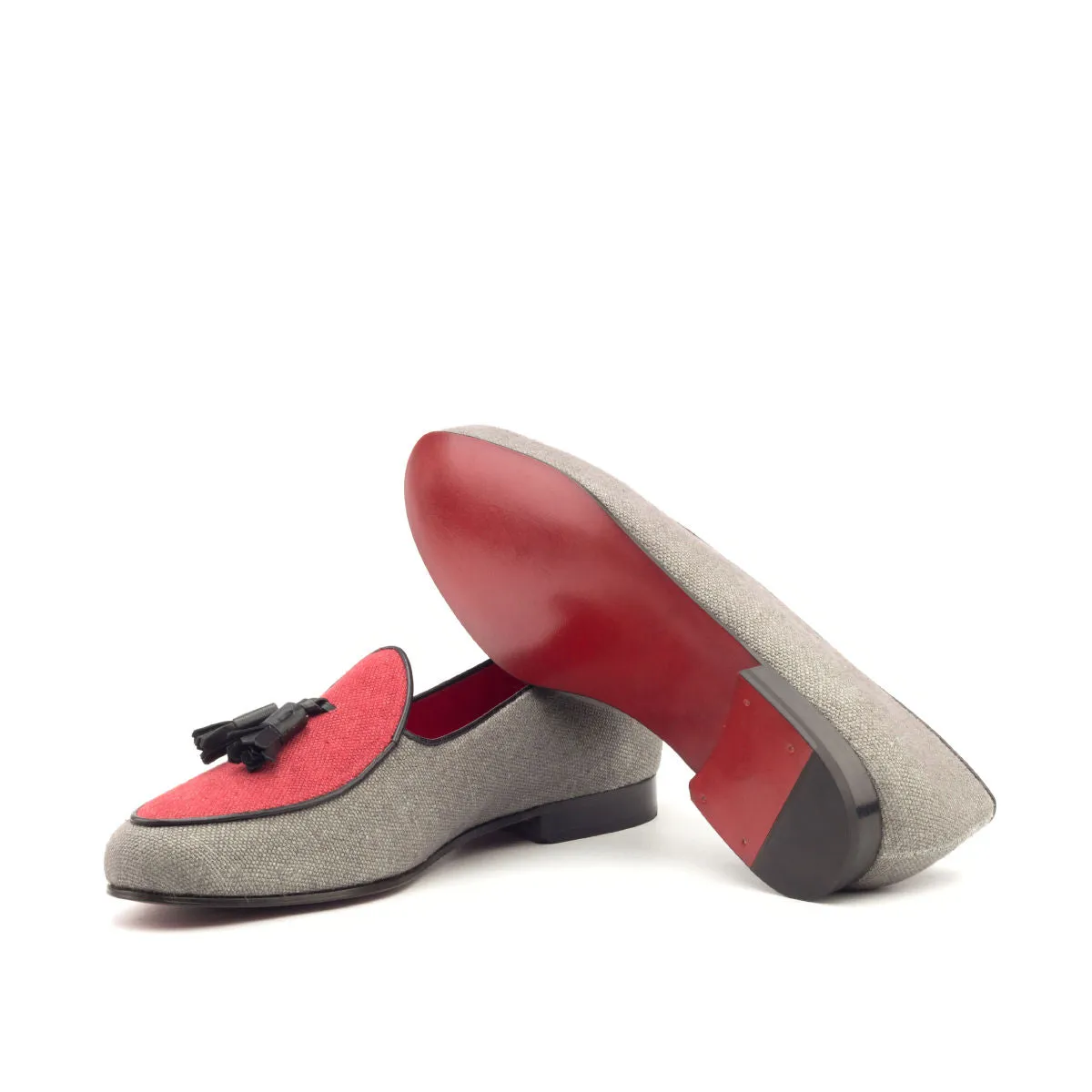 DapperFam Marcello in Black / Grey/ Red Men's Linen Belgian Slipper