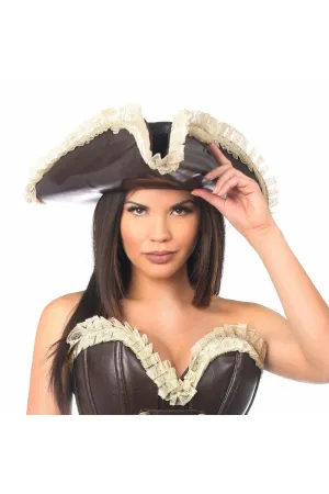 Dark Brown Distressed Faux Leather w/Cream Lace Pirate Hat