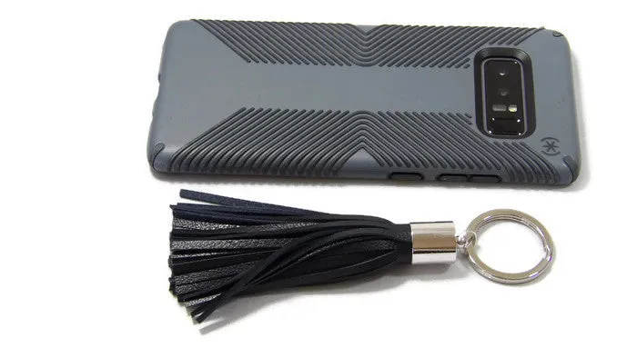 Dark Navy Blue Lambskin Leather Tassel Keychain with Rhodium Plated Brass Top Free Gift Wrap