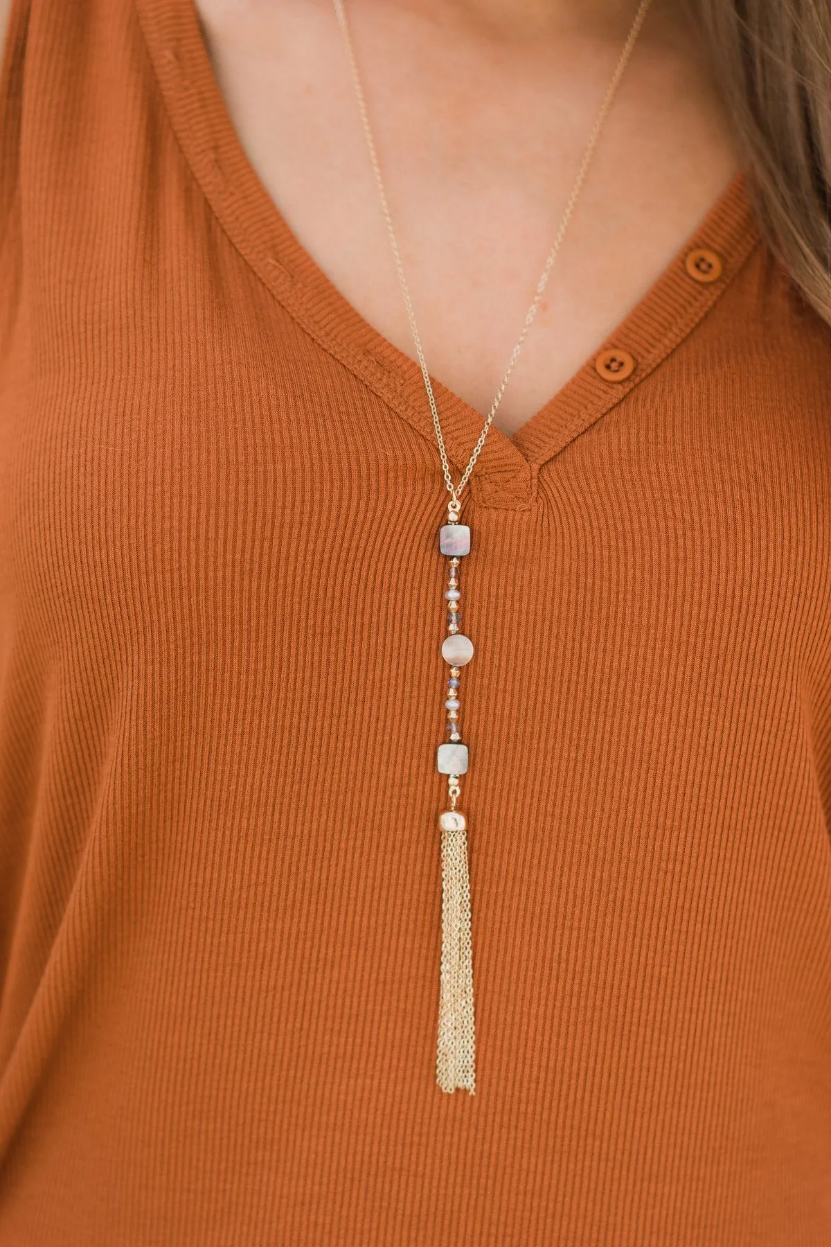 Dark Stone & Tassel Gold Necklace