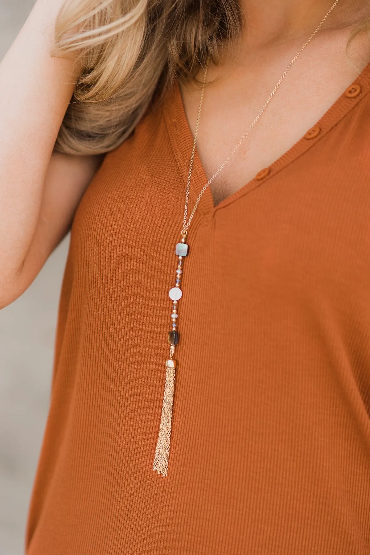 Dark Stone & Tassel Gold Necklace