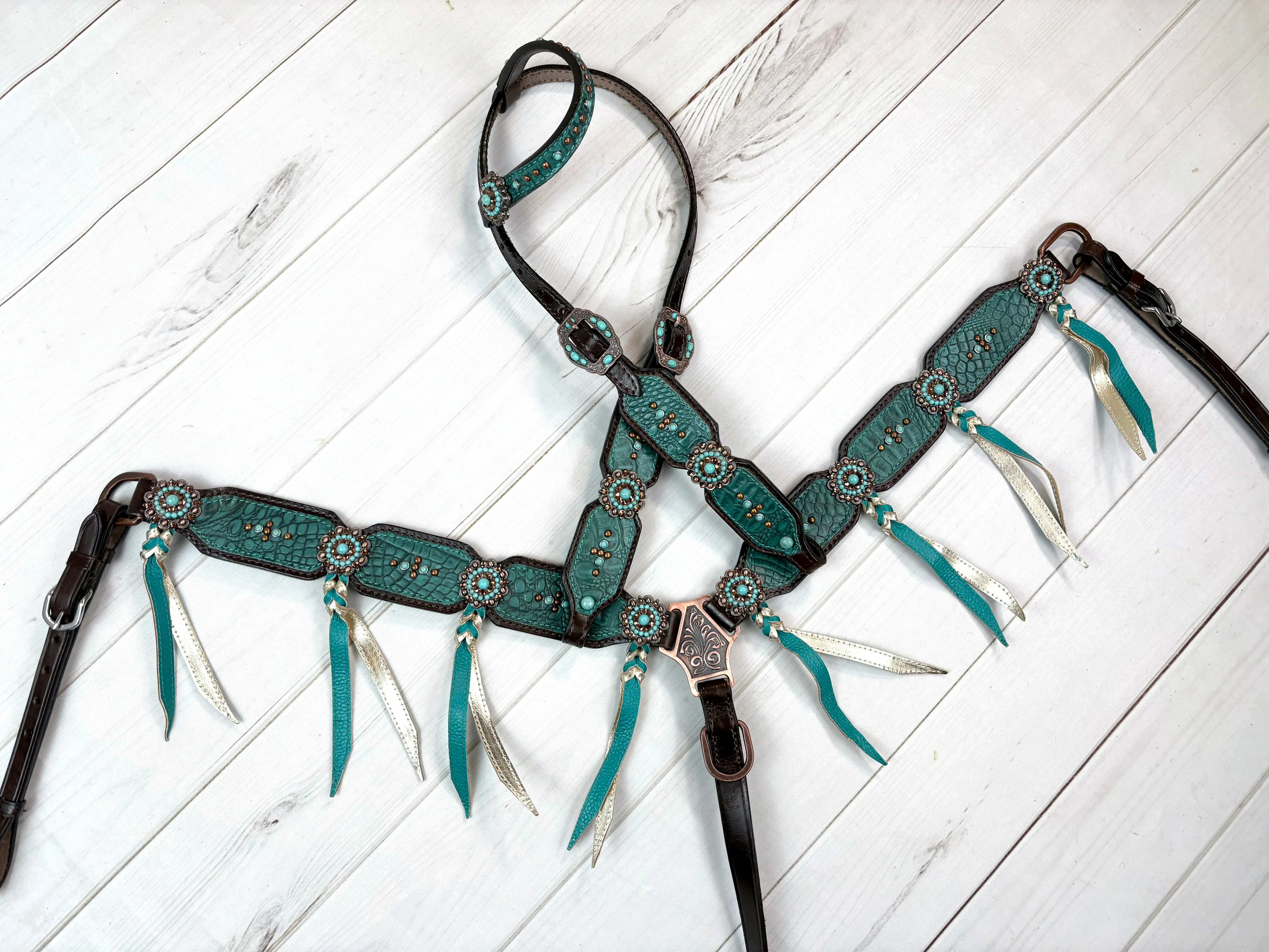 Dark Teal Leather Tassel Tack Set
