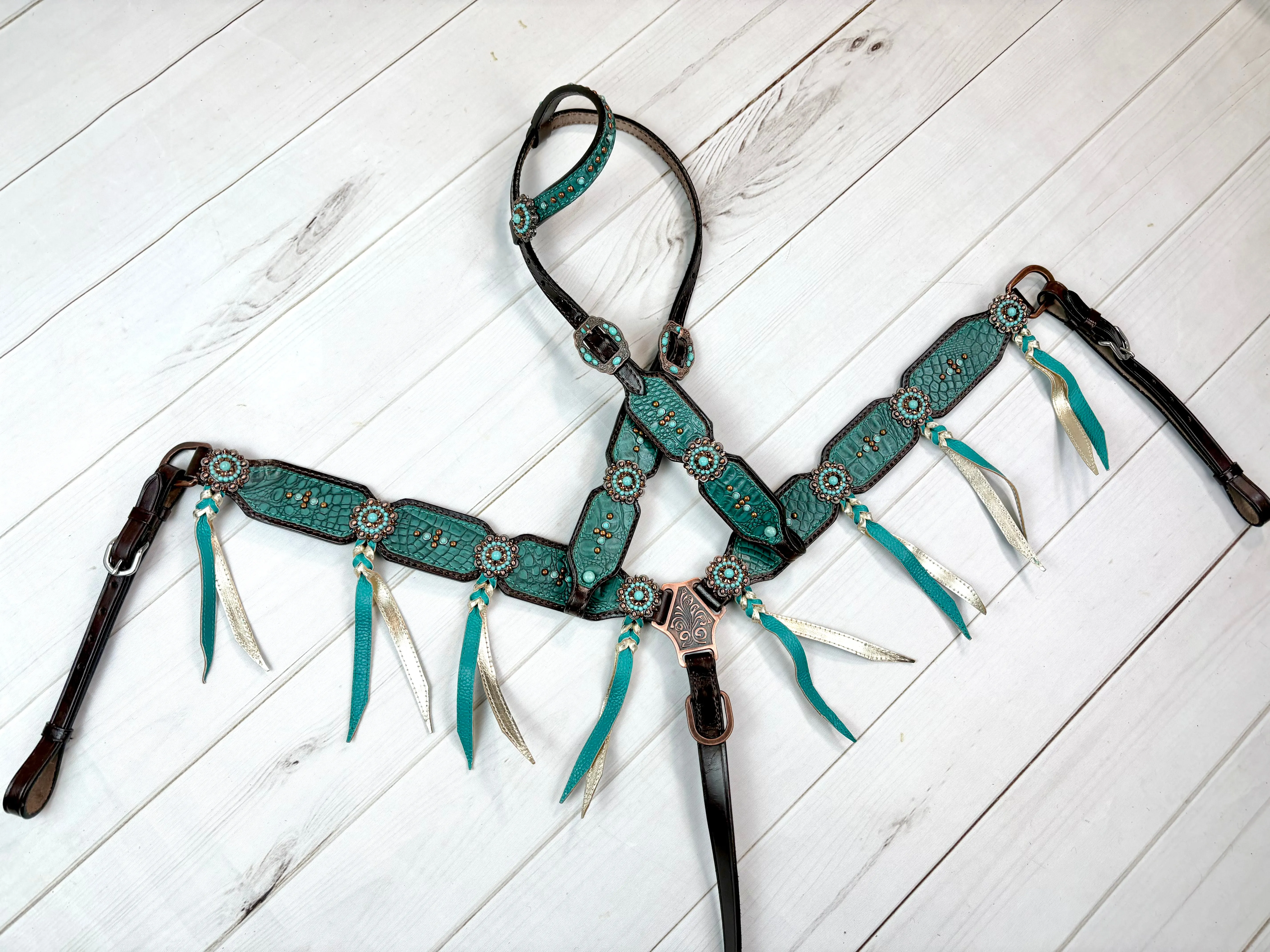 Dark Teal Leather Tassel Tack Set