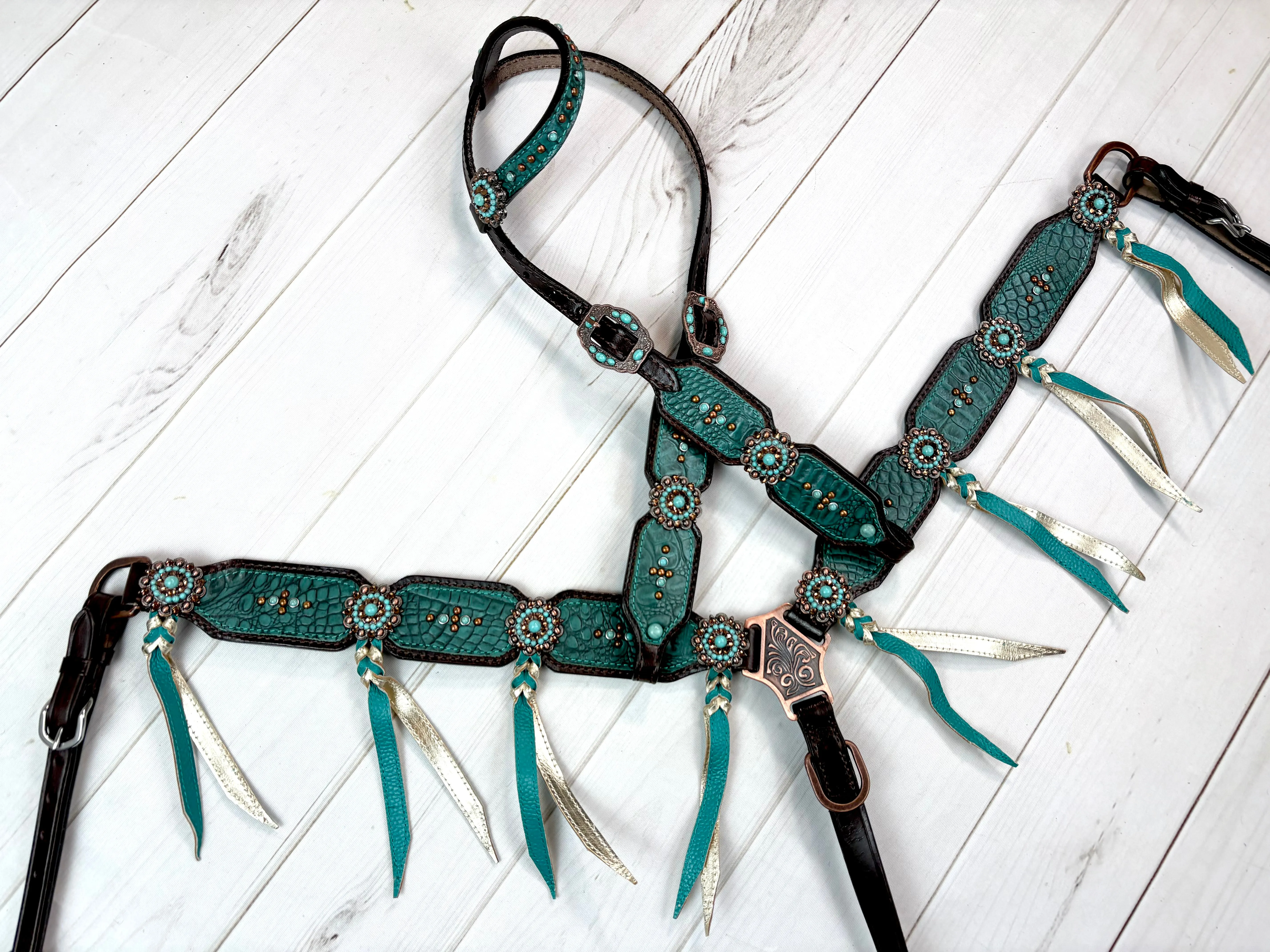 Dark Teal Leather Tassel Tack Set