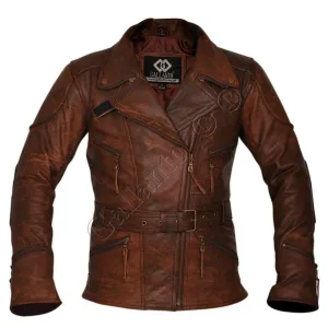 Demi Womens Ladies 3/4 Motorcycle Brown Distressed Vintage Leather Jacket
