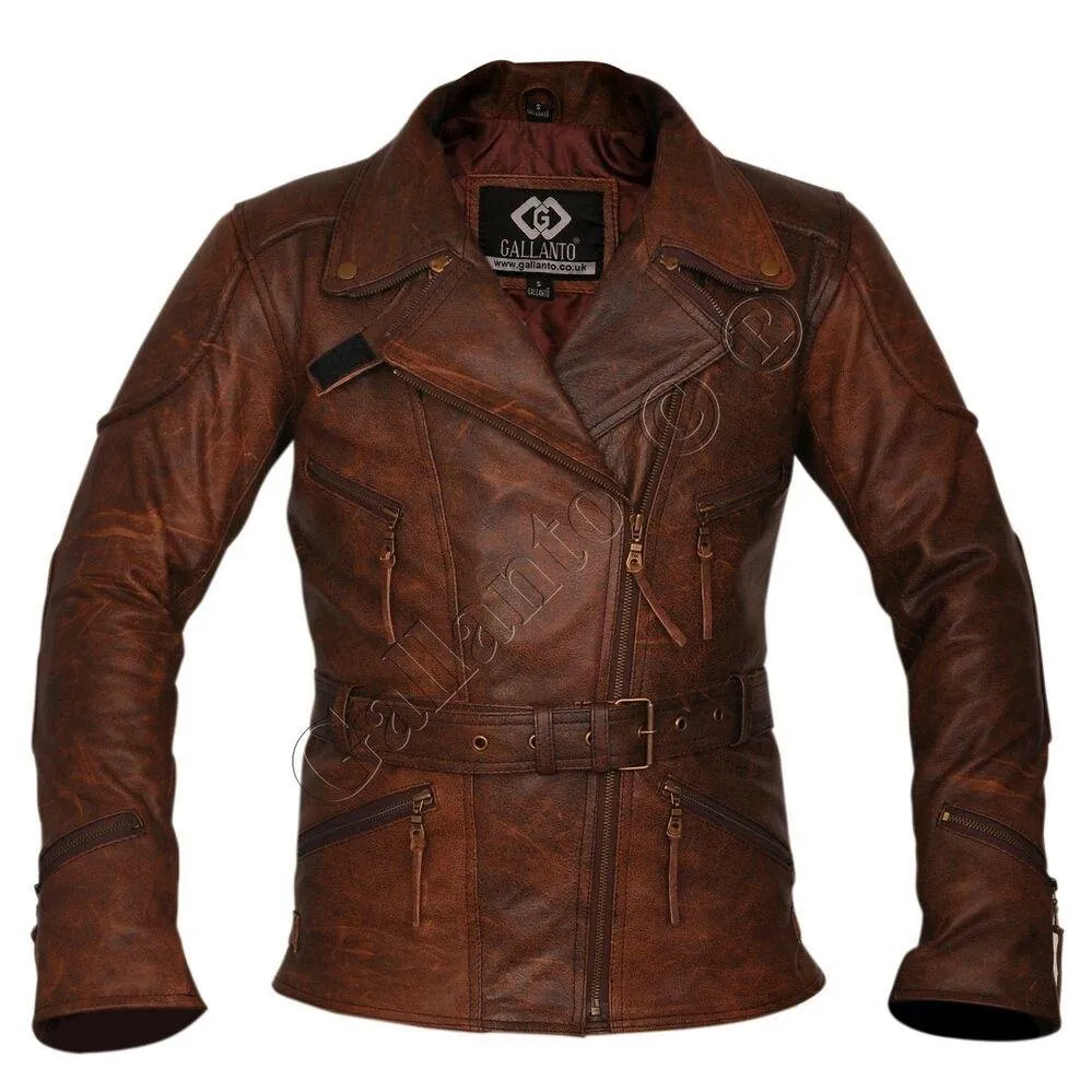 Demi Womens Ladies 3/4 Motorcycle Brown Distressed Vintage Leather Jacket