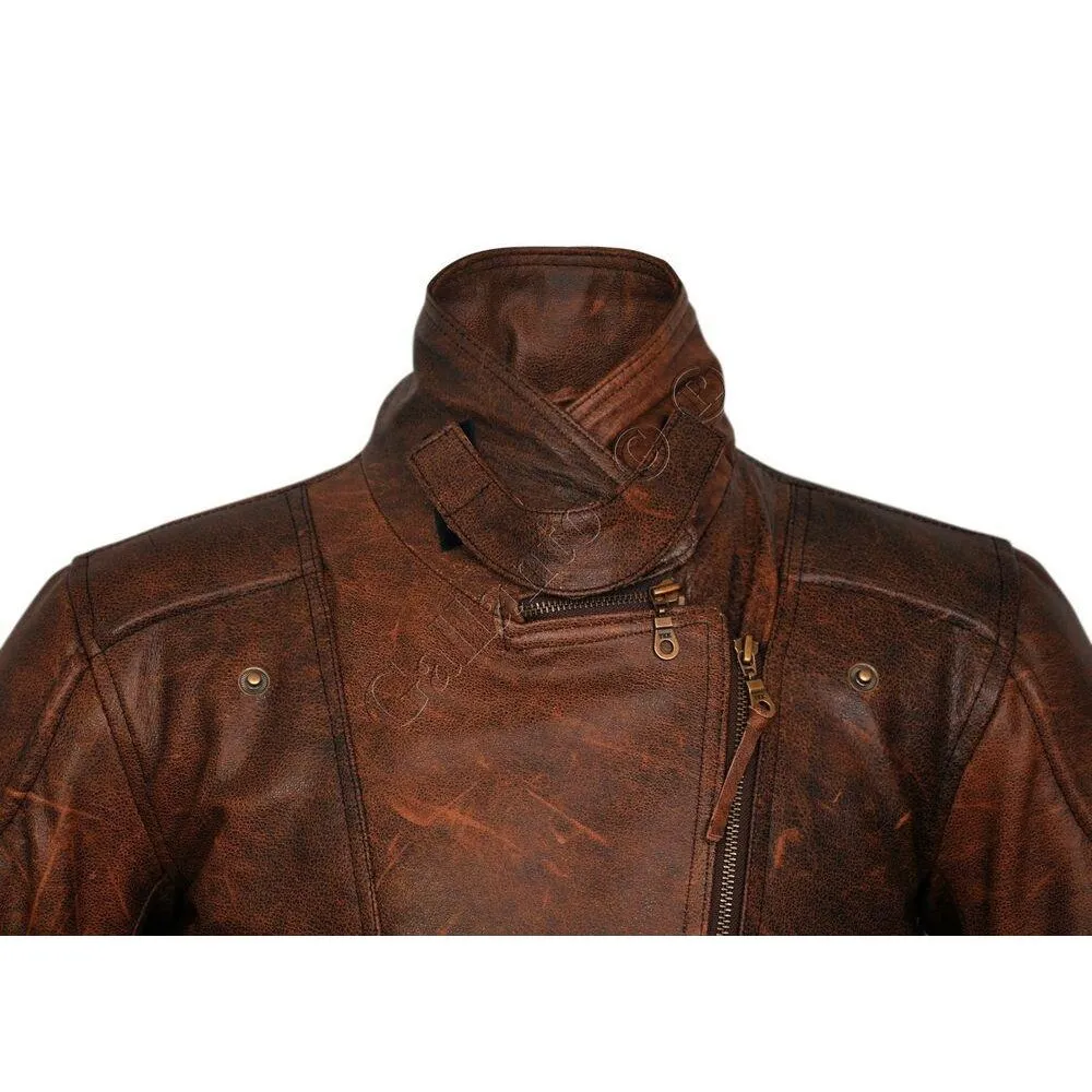 Demi Womens Ladies 3/4 Motorcycle Brown Distressed Vintage Leather Jacket