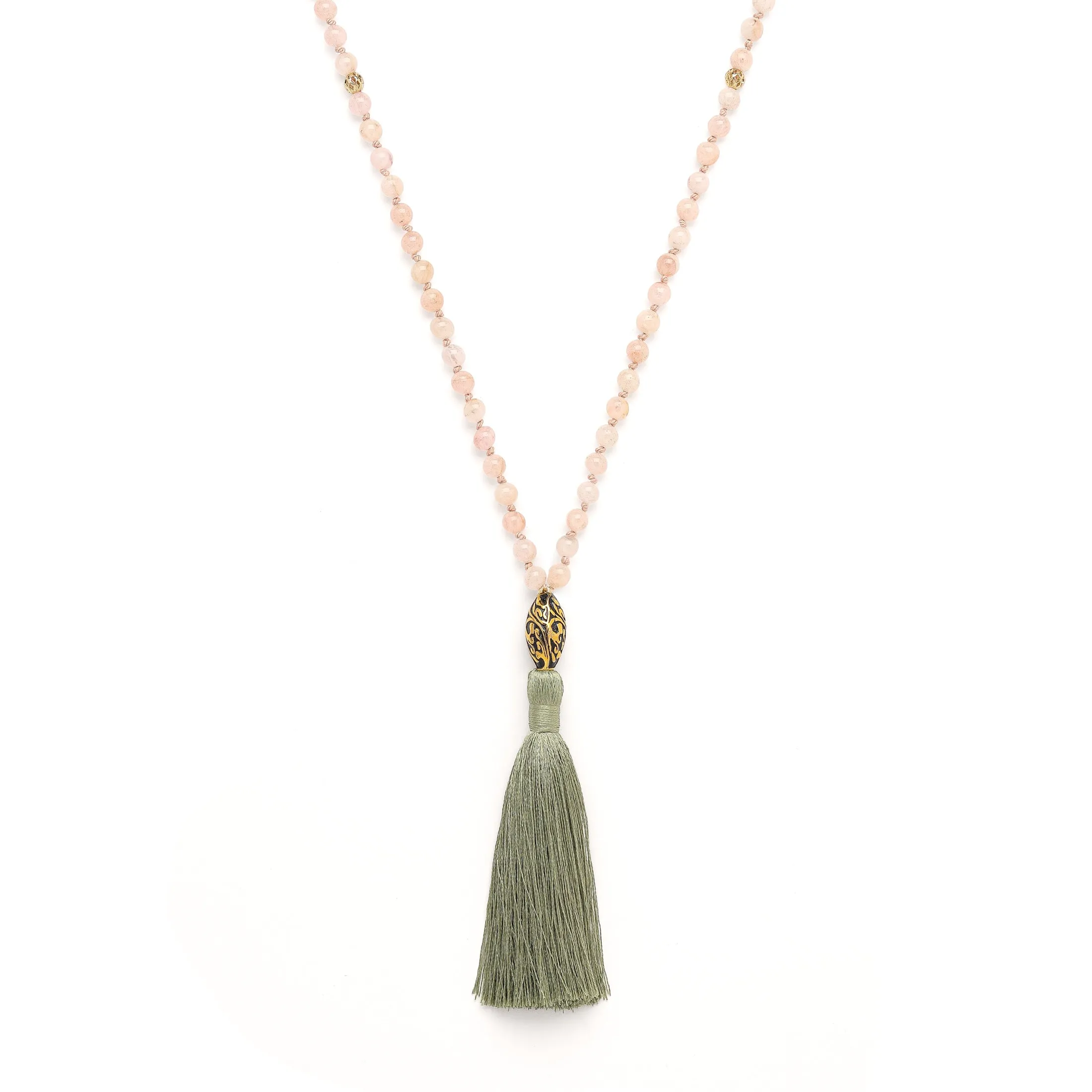 Divine Love 108 Bead Mala, Morganite, Antique Repousse
