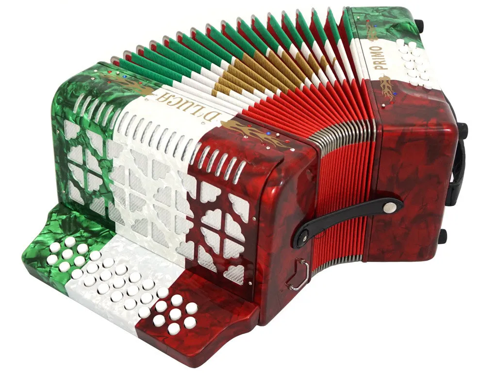 D'Luca Primo Button Accordion 31 Keys 12 Bass on GCF Key with Case and Straps, Red, White, Green