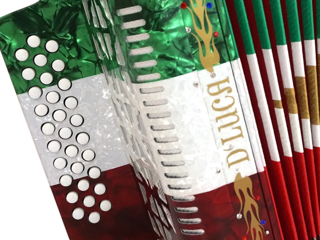 D'Luca Primo Button Accordion 31 Keys 12 Bass on GCF Key with Case and Straps, Red, White, Green