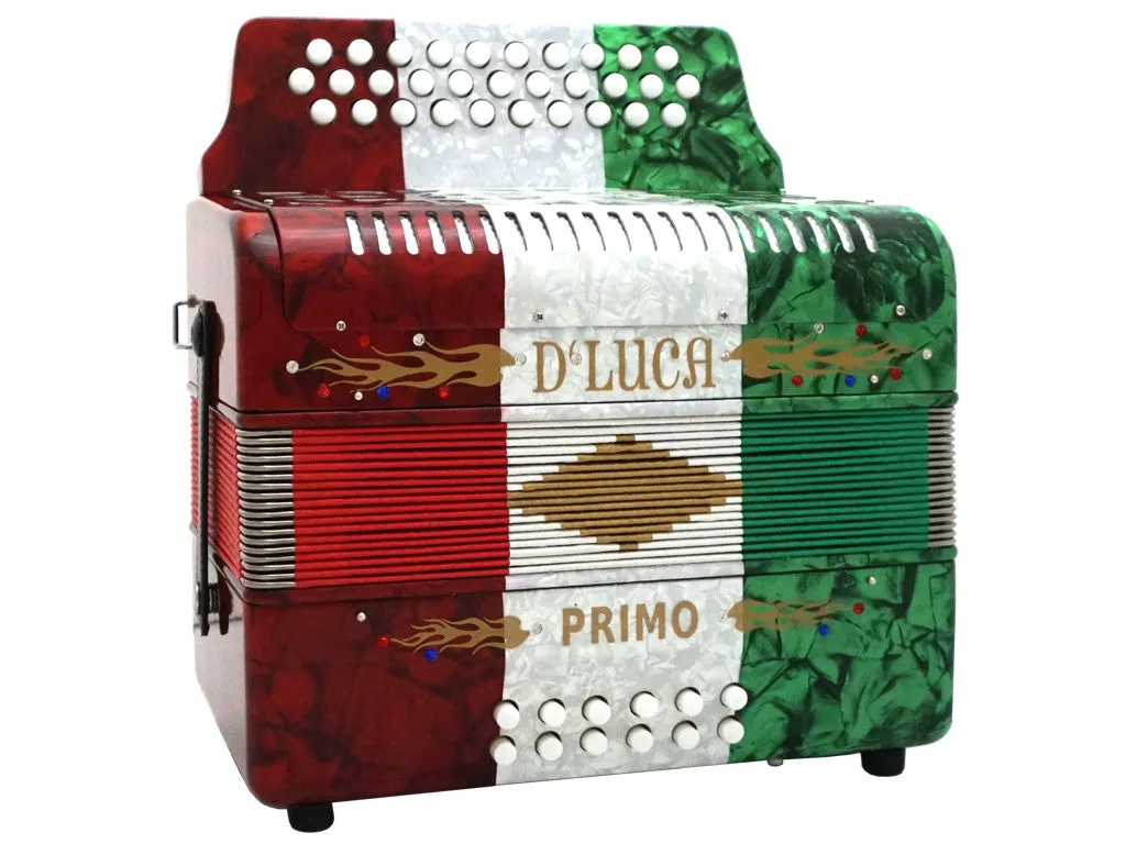 D'Luca Primo Button Accordion 31 Keys 12 Bass on GCF Key with Case and Straps, Red, White, Green