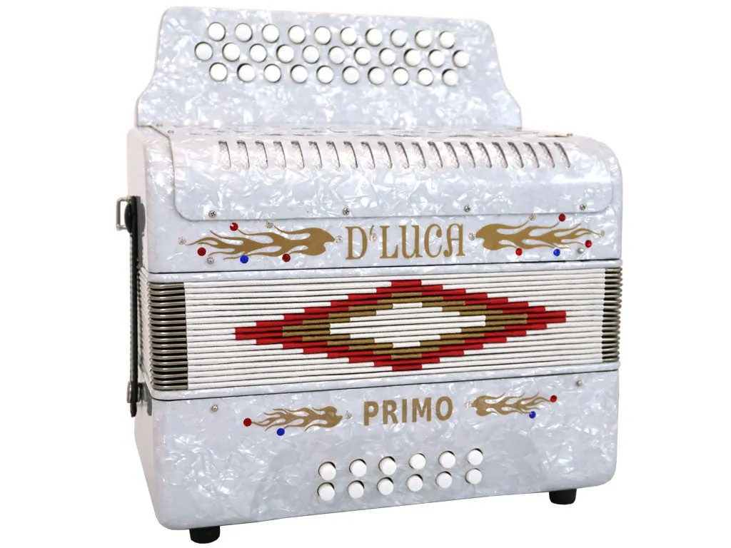 D'Luca Primo Button Accordion 31 Keys 12 Bass on GCF Key with Case and Straps, White