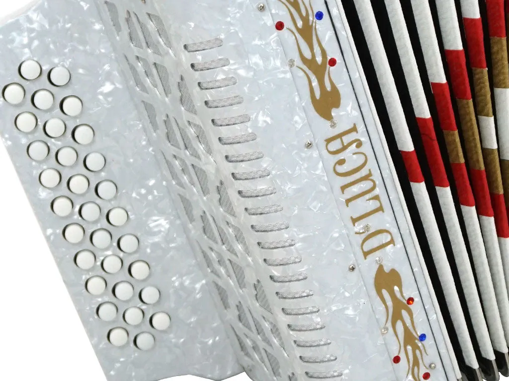 D'Luca Primo Button Accordion 31 Keys 12 Bass on GCF Key with Case and Straps, White