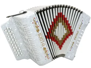 D'Luca Primo Button Accordion 31 Keys 12 Bass on GCF Key with Case and Straps, White