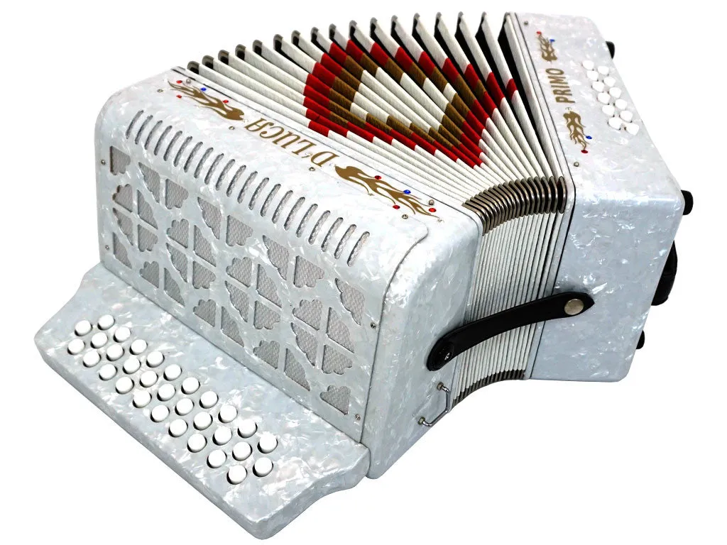 D'Luca Primo Button Accordion 31 Keys 12 Bass on GCF Key with Case and Straps, White