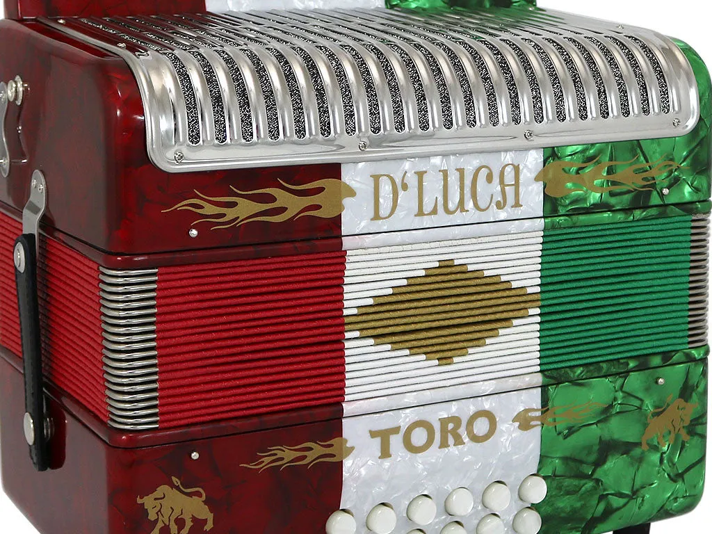 D'Luca Toro Button Accordion 31 Keys 12 Bass on GCF Key with Case and Straps, Red, White, Green