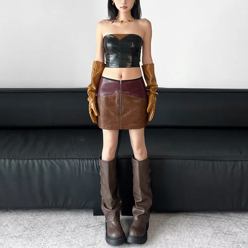 Edgy Color-Block Faux Leather Strapless Crop Top and Zipper Skirt Set