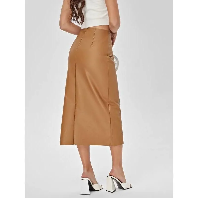 Elegant High-Waist Faux Leather Straight Skirt
