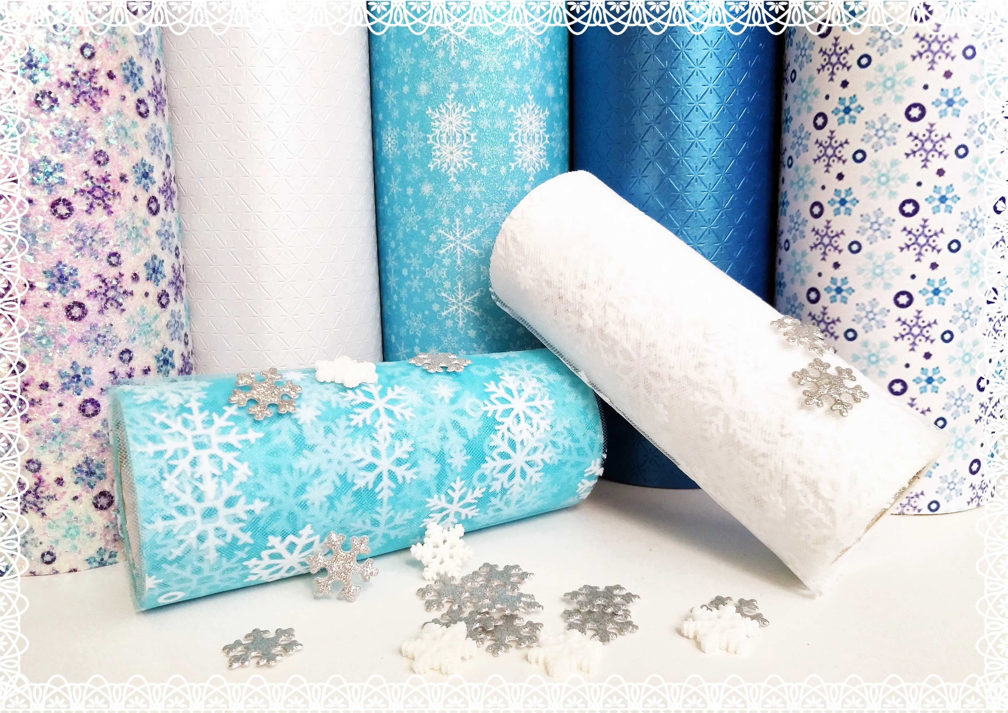 Embossed Snowflakes ~ White Vegan Faux Leather Fabric Sheets